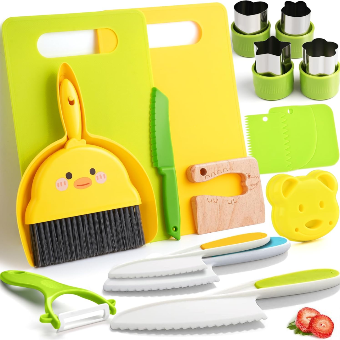 Kids Cooking Set with Wooden and Plastic Kitchen Tools, 3 years and up