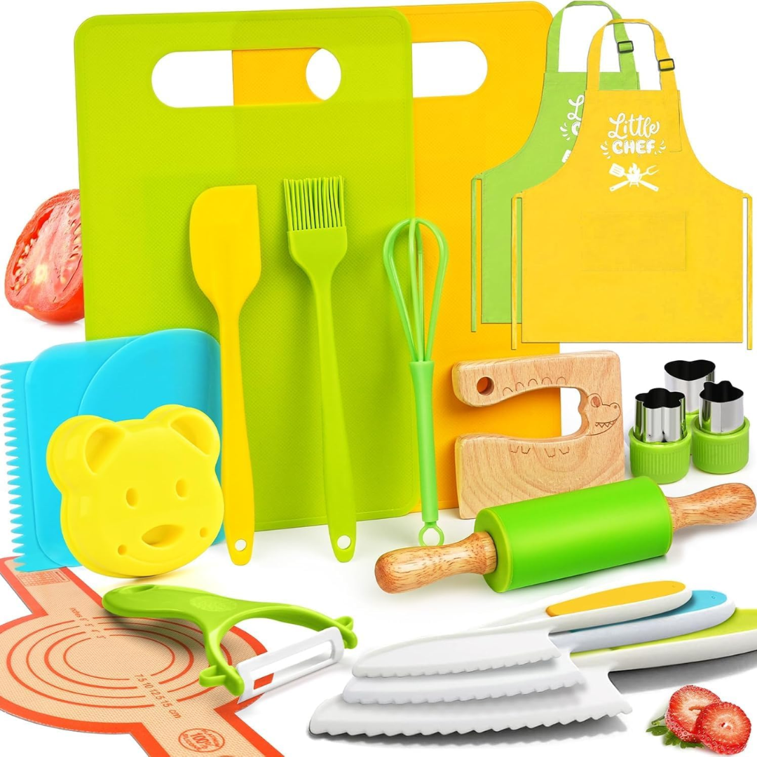 Kids Cooking Set with Wooden and Plastic Kitchen Tools, 3 years and up