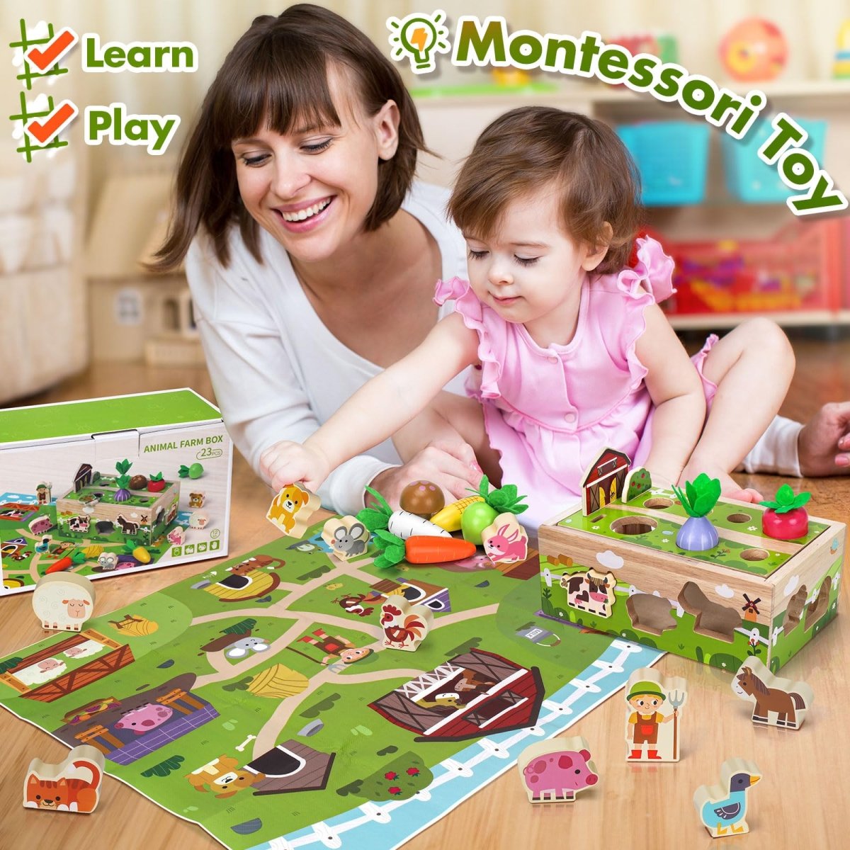 Montessori Carrot Toy with Animals, Storage, Shapes & Sorting