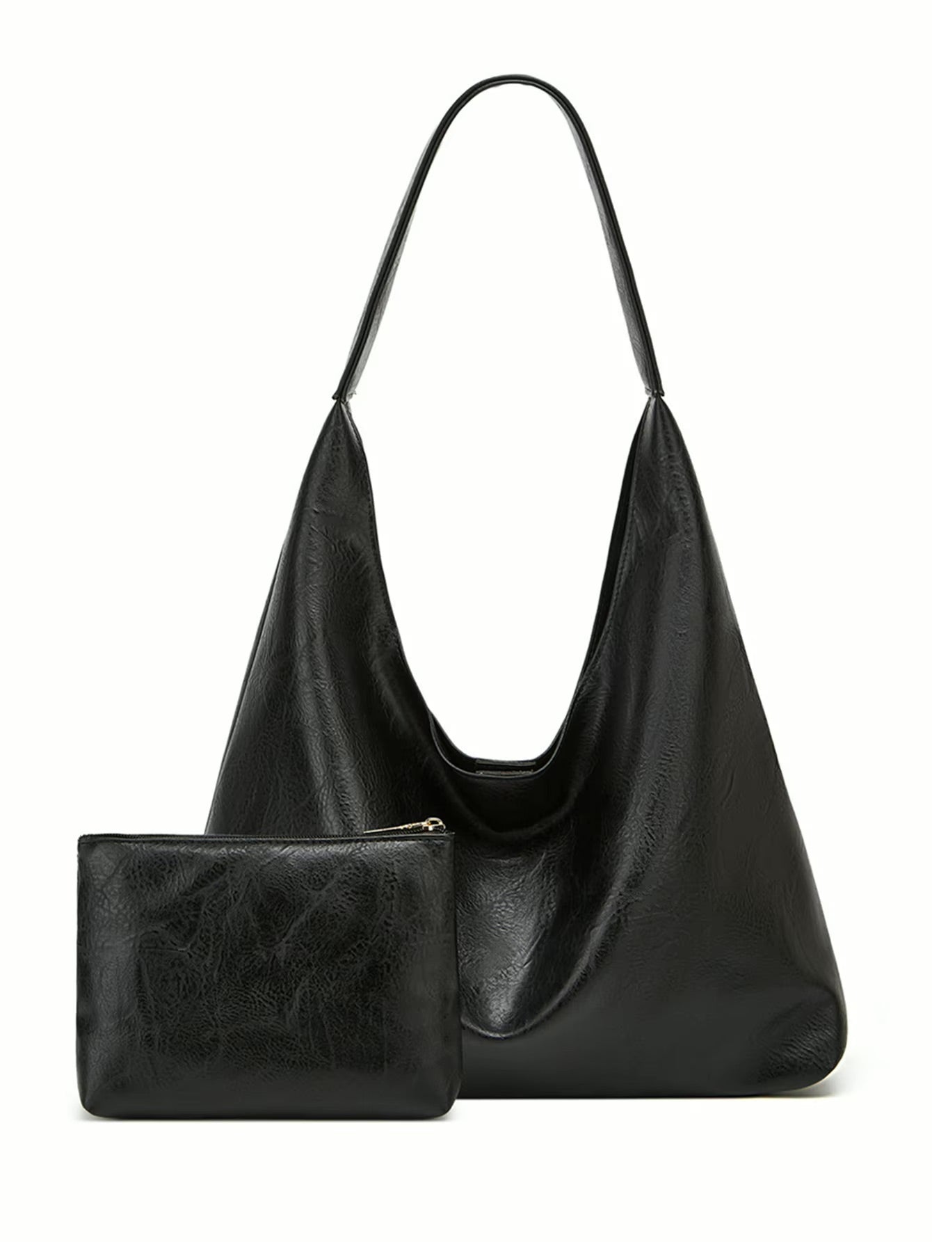 Black Hobo Shoulder Bag | Slouchy Shape with Zipper Pouch
