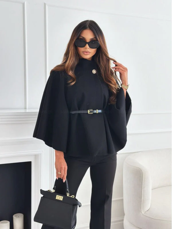 Cape Coat with Elevated Neck and Belted Waist for Women