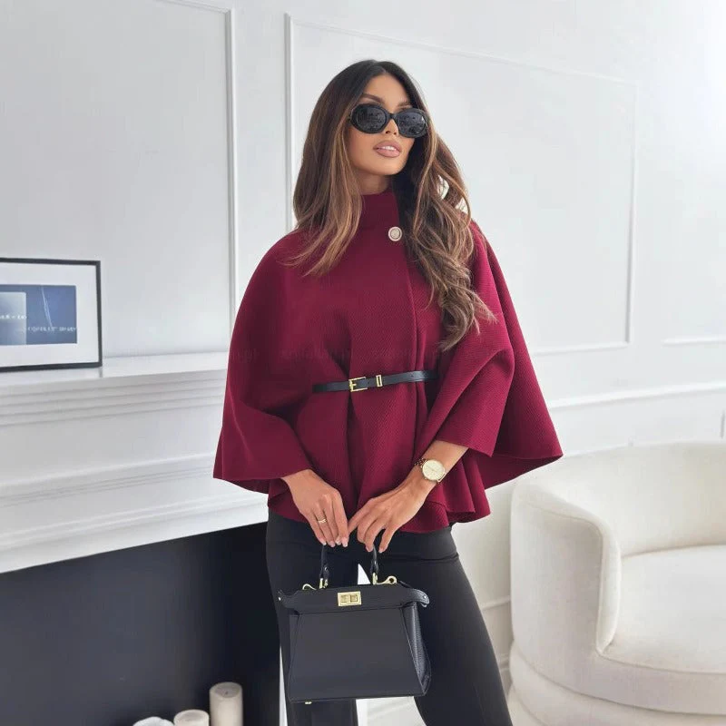 Cape Coat with Elevated Neck and Belted Waist for Women