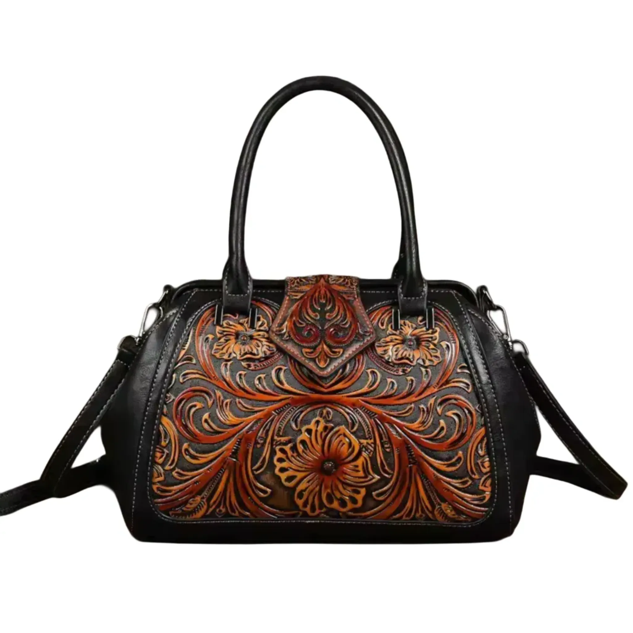 Floral Engraved Handbag | Zip Strap Carry