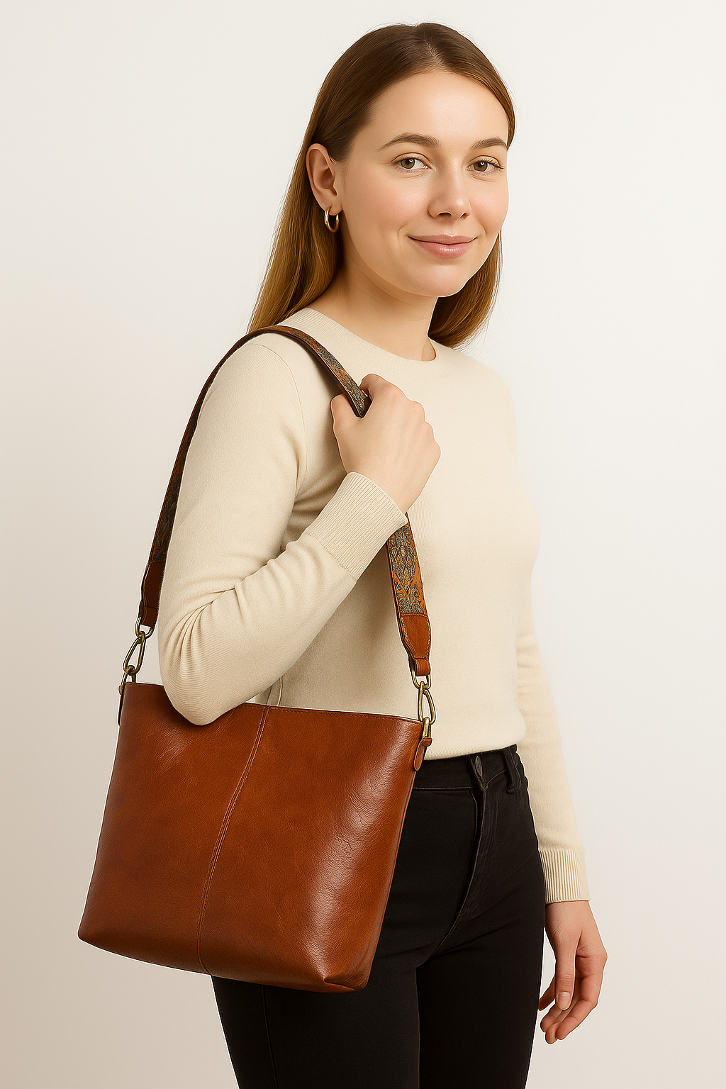 Large Boho Shoulder Bag | Vintage Stitching with Adjustable Strap