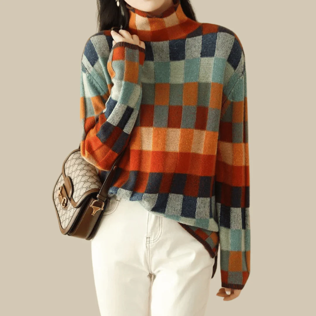 Women’s Patchwork Pullover with Turtleneck and Fitted Profile