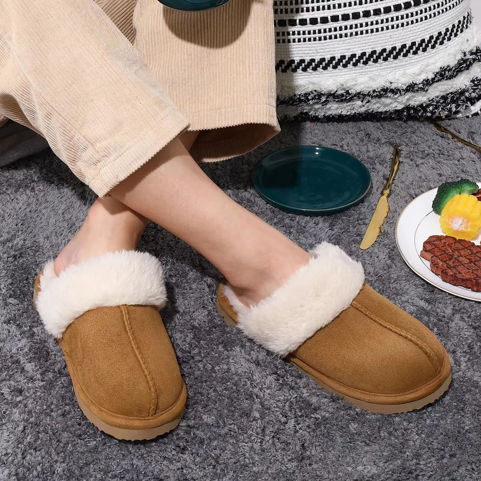 Plush Indoor Slip-On Slippers for Women