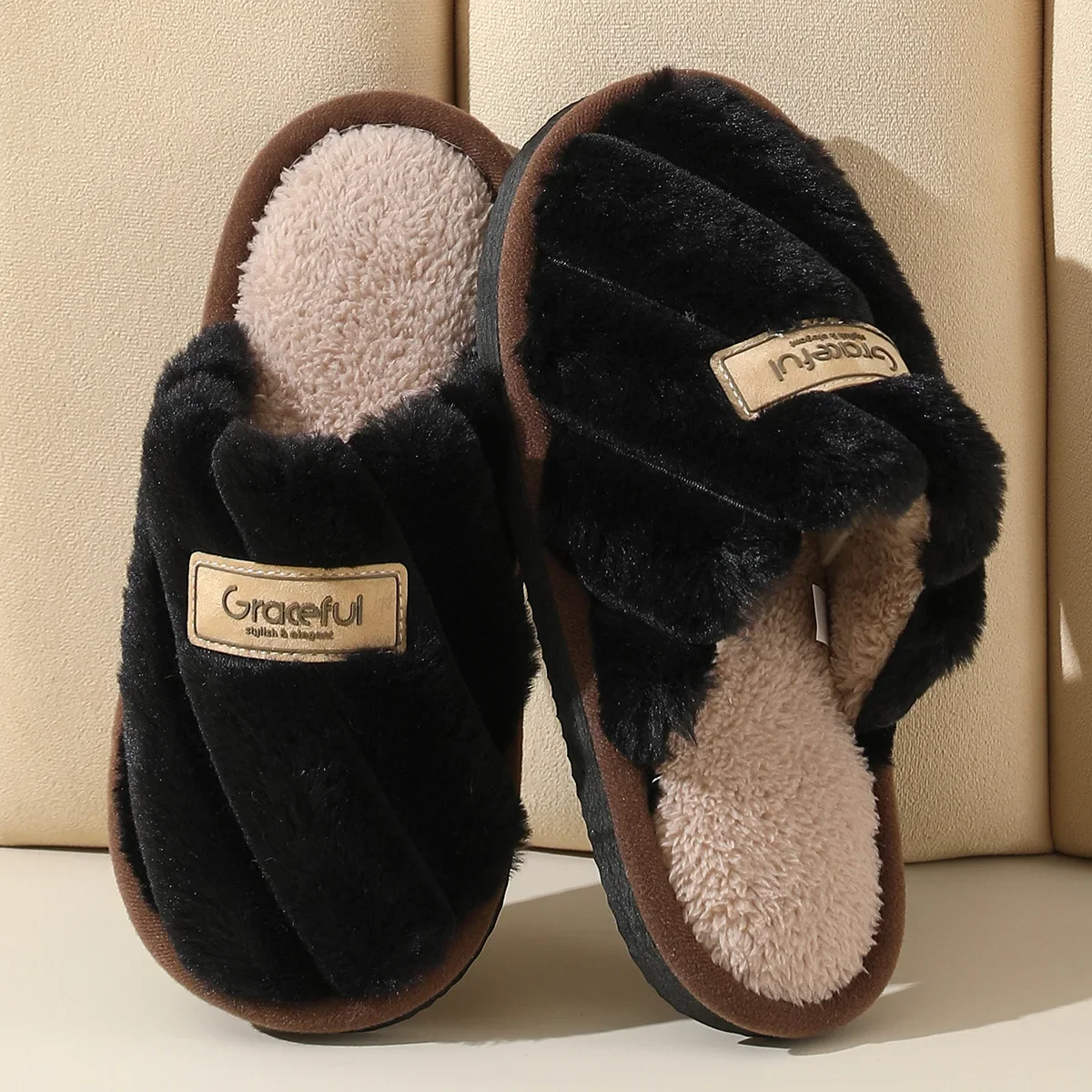 Plush Slide Slippers with Cushion Sole for Women