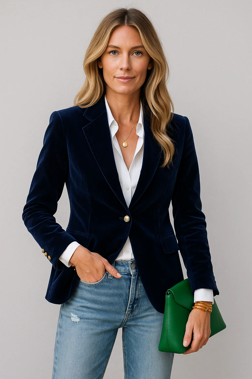 Women’s Emerald Blazer with Gold-Tone Buttons and Structured Fit