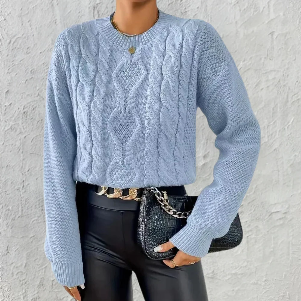 Women’s Blue Cable Knit Jumper with Round Neck and Long Sleeves