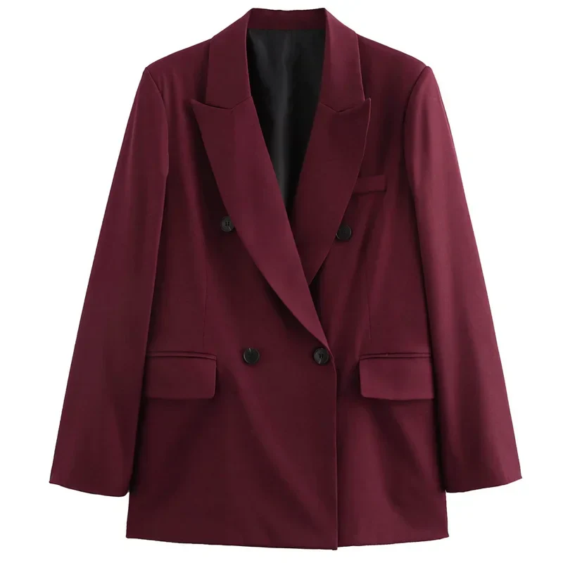 Women’s Burgundy Blazer Jacket with Lapel Collar and Button Front