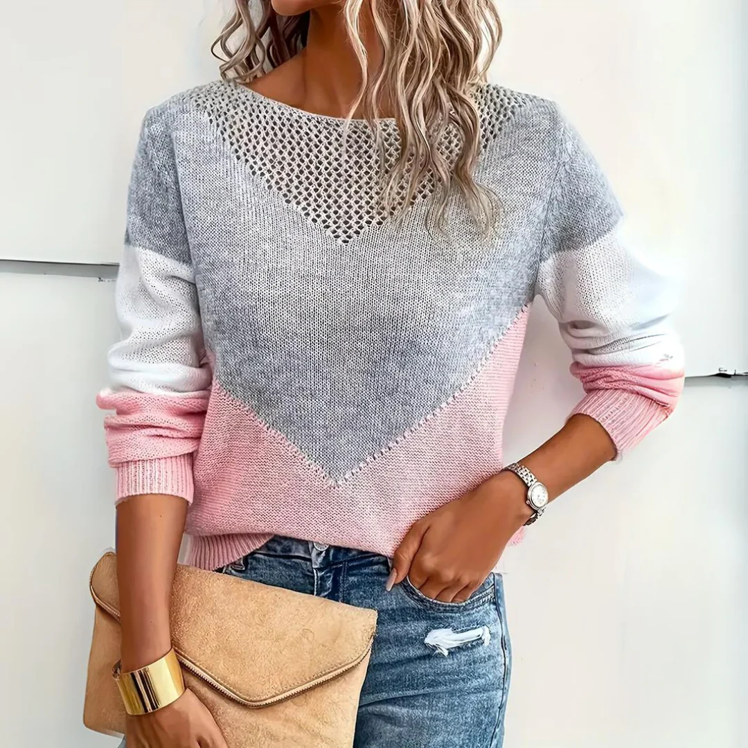 Women’s Color Block Pointelle Jumper with V-Shape Contrast Panels