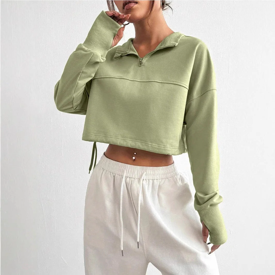 Women’s Cropped Sweatshirt Jumper with Zip Neck and Balloon Sleeves