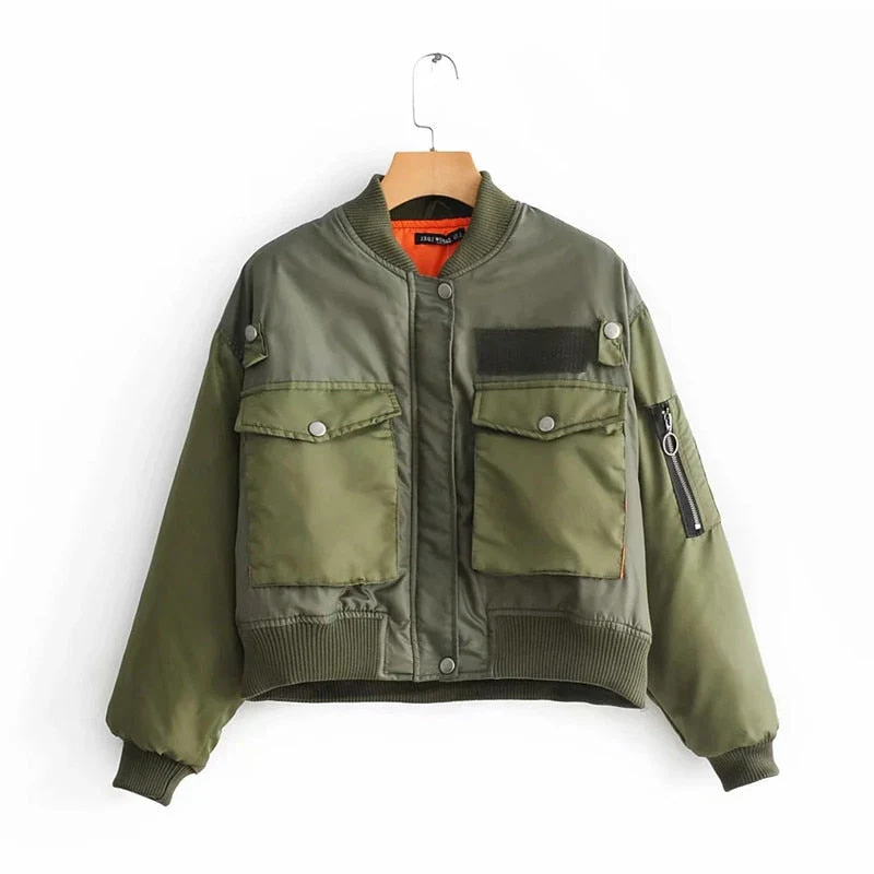 Women’s Cropped Utility Bomber Jacket with Patch Pockets and Zip Sleeve