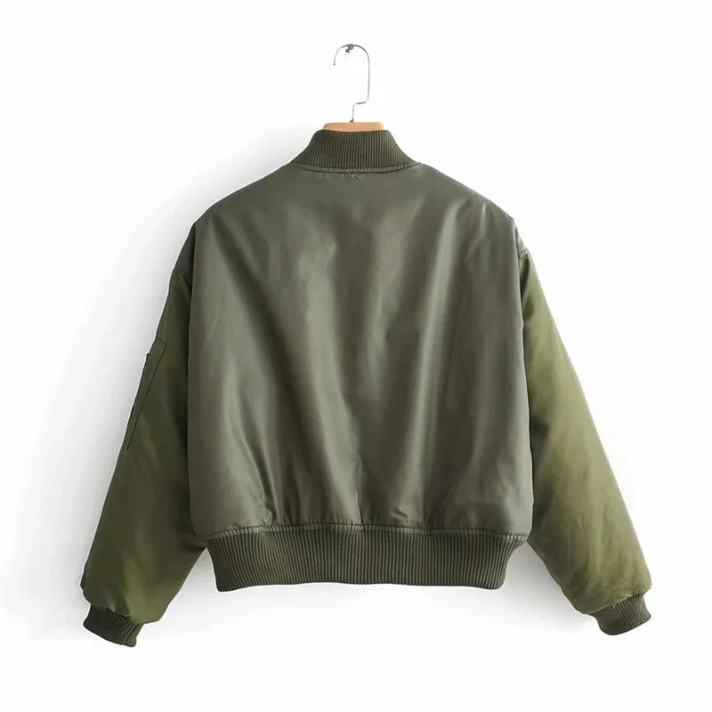 Women’s Cropped Utility Bomber Jacket with Patch Pockets and Zip Sleeve