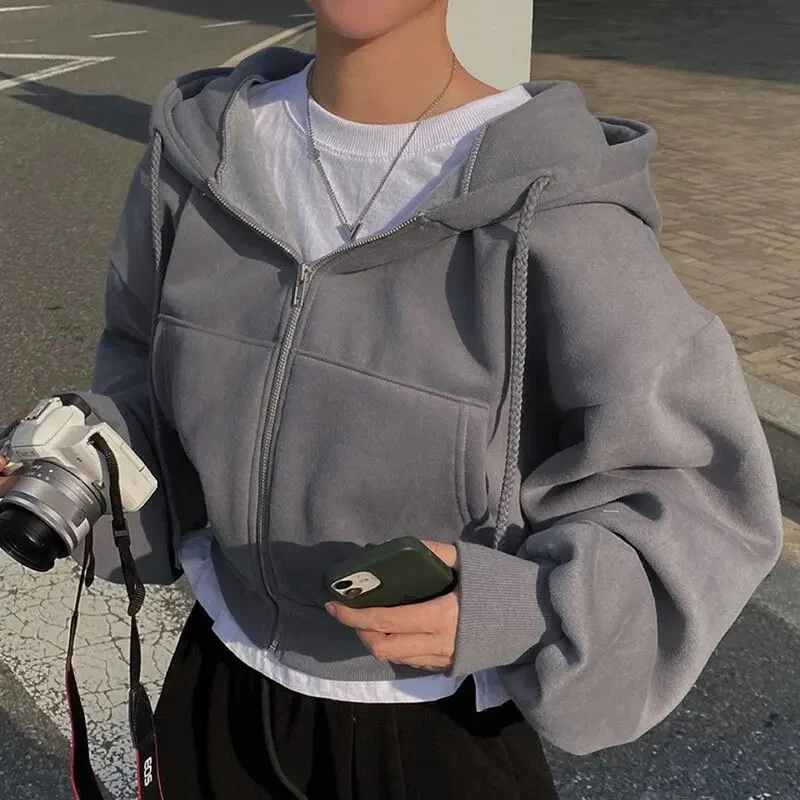 Women’s Oversized Cropped Zip-Up Hoodie with Pockets