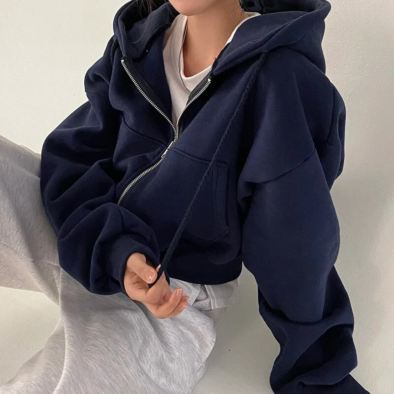 Women’s Oversized Cropped Zip-Up Hoodie with Pockets