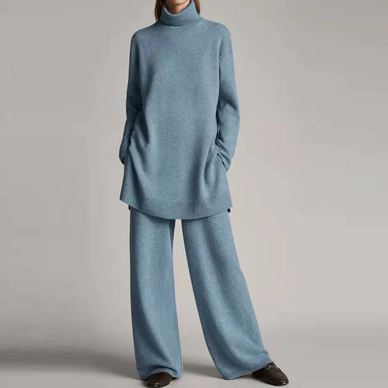 Turtleneck Loungewear Set with Wide-Leg Pants for Women