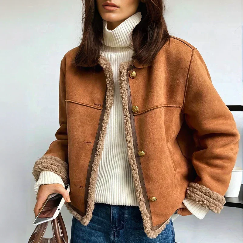 Button-Up Winter Jacket with Gold-Tone Buttons and Contrast Trim for Women