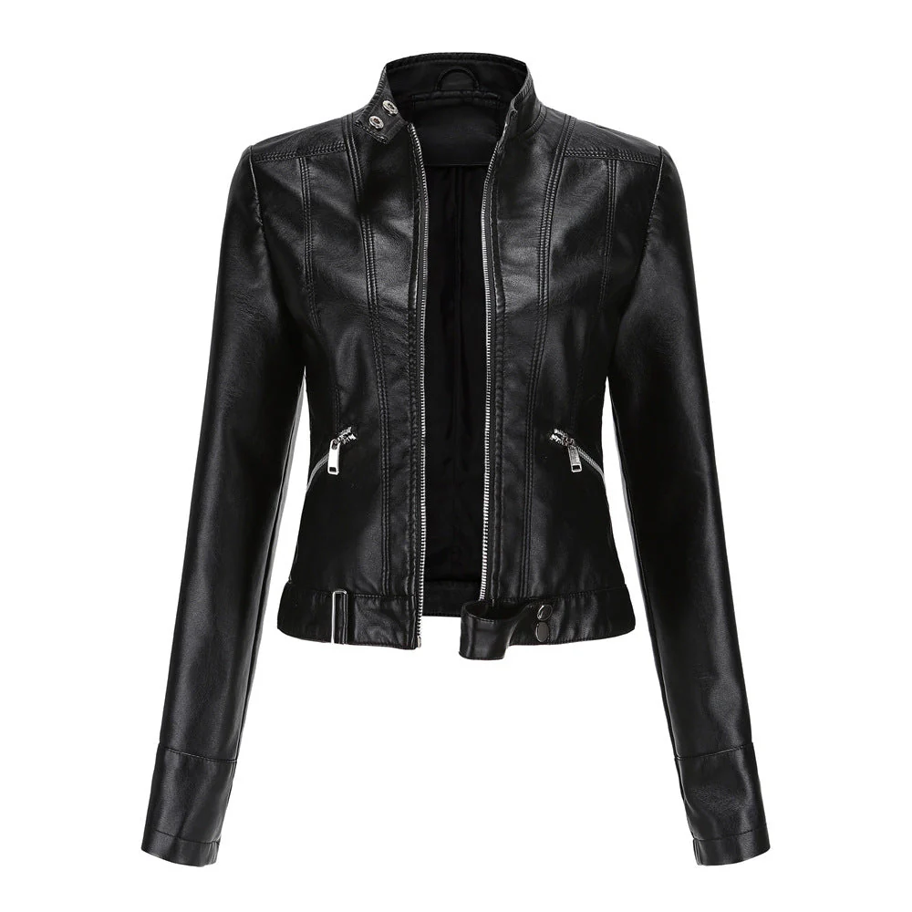 Women’s Moto-Style Jacket with Zip Closure, Stand Collar, and Belt