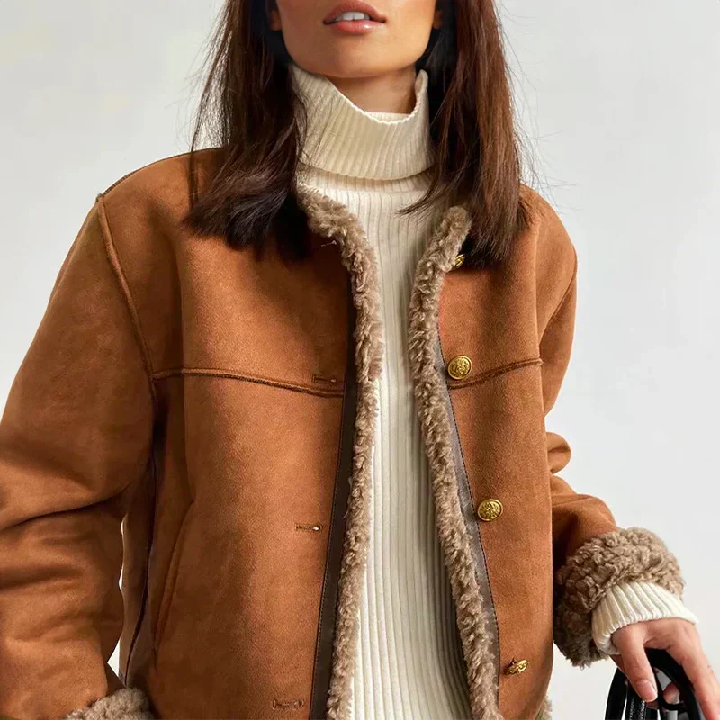 Button-Up Winter Jacket with Gold-Tone Buttons and Contrast Trim for Women