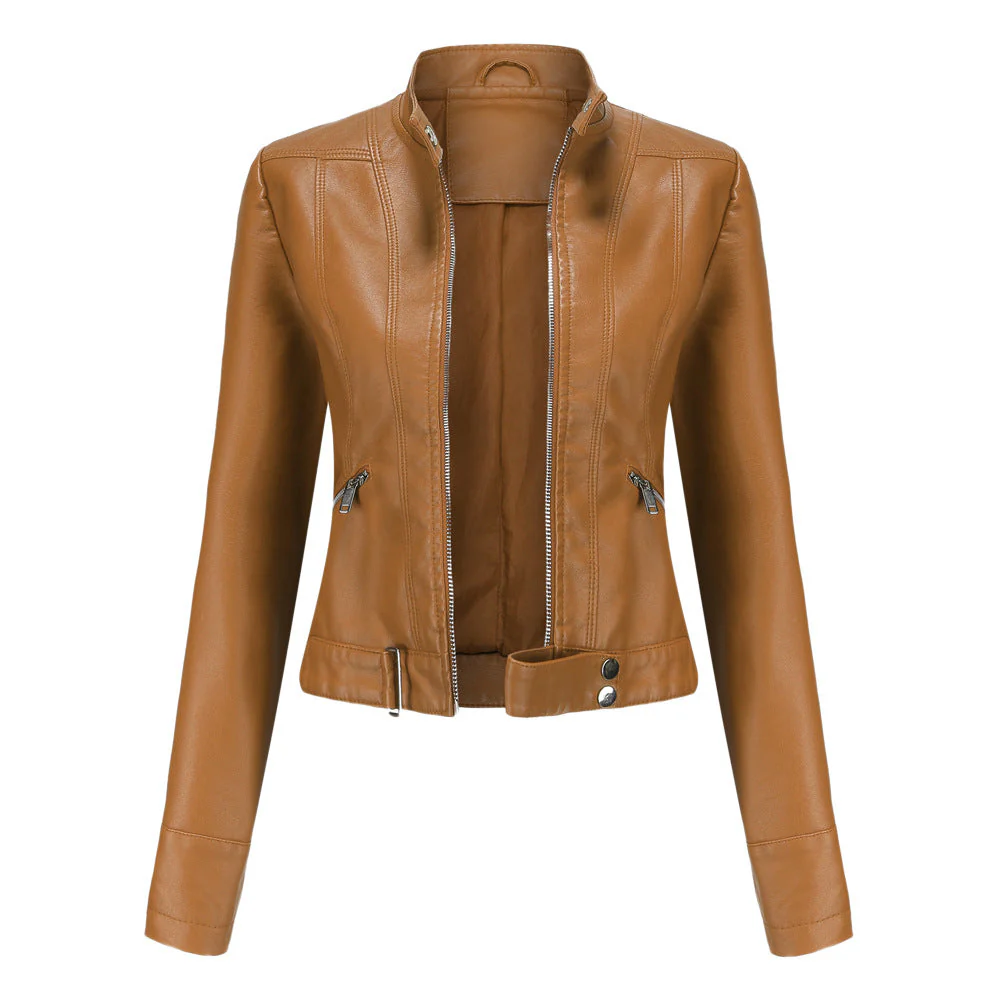 Women’s Moto-Style Jacket with Zip Closure, Stand Collar, and Belt