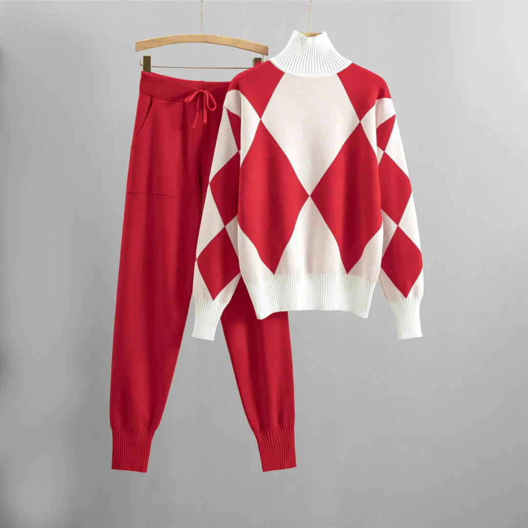 Co-ord Set with Diamond Print Pullover Sweater for Women