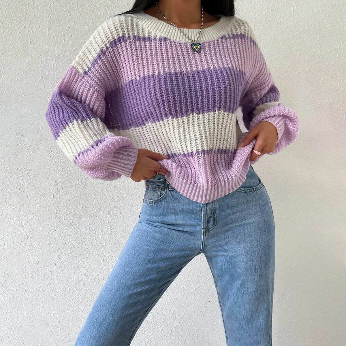 Women’s Striped Knit Jumper with Crew Neck and Long Sleeves