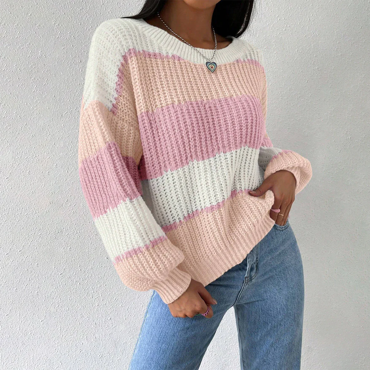 Women’s Striped Knit Jumper with Crew Neck and Long Sleeves
