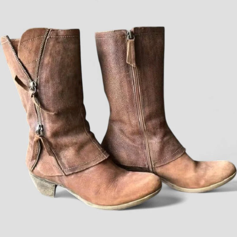 Women’s Mid-Calf Winter Cowgirl Boots with Zipper and Heel