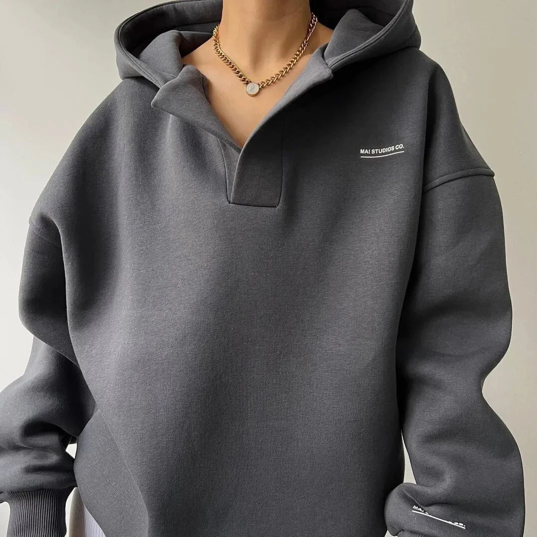 Women’s Oversized Pullover Hoodie with Open V-Neck Collar