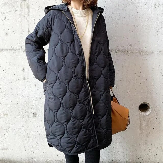Women’s Quilted Hooded Longline Coat with Full Zip