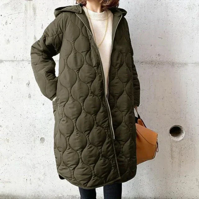 Women’s Quilted Hooded Longline Coat with Full Zip