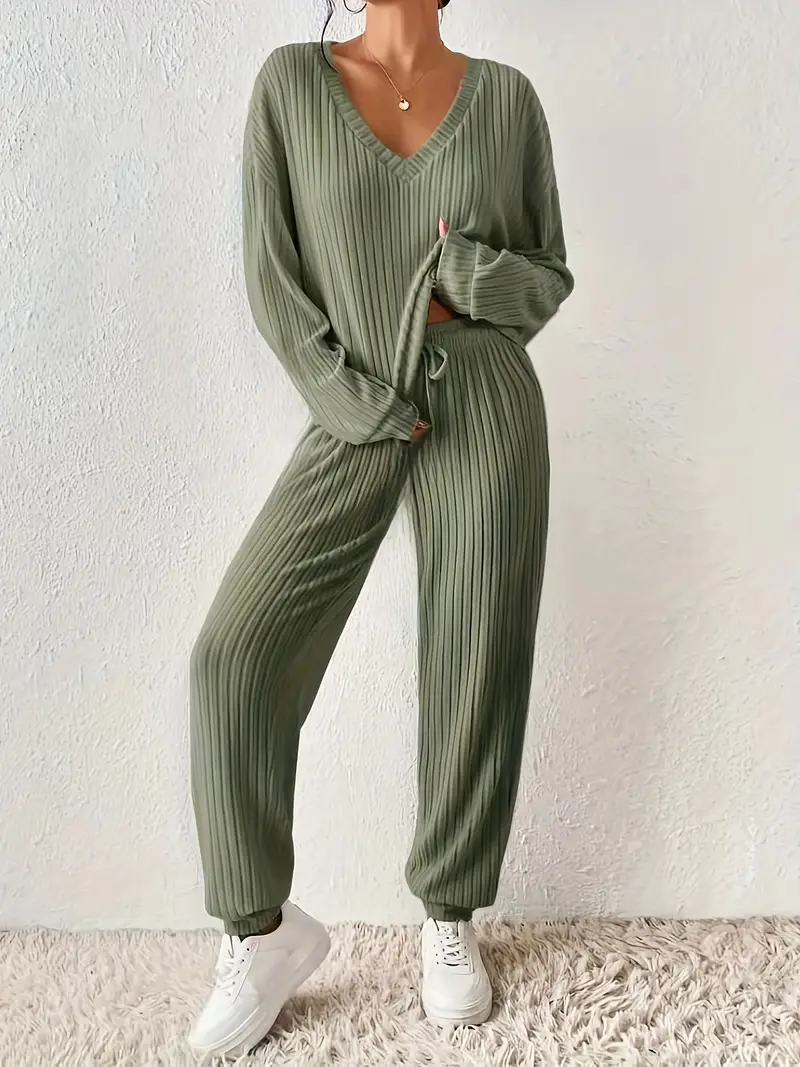 Women’s 2-Piece Loungewear Set with Ribbed Long Sleeve Top and Pants