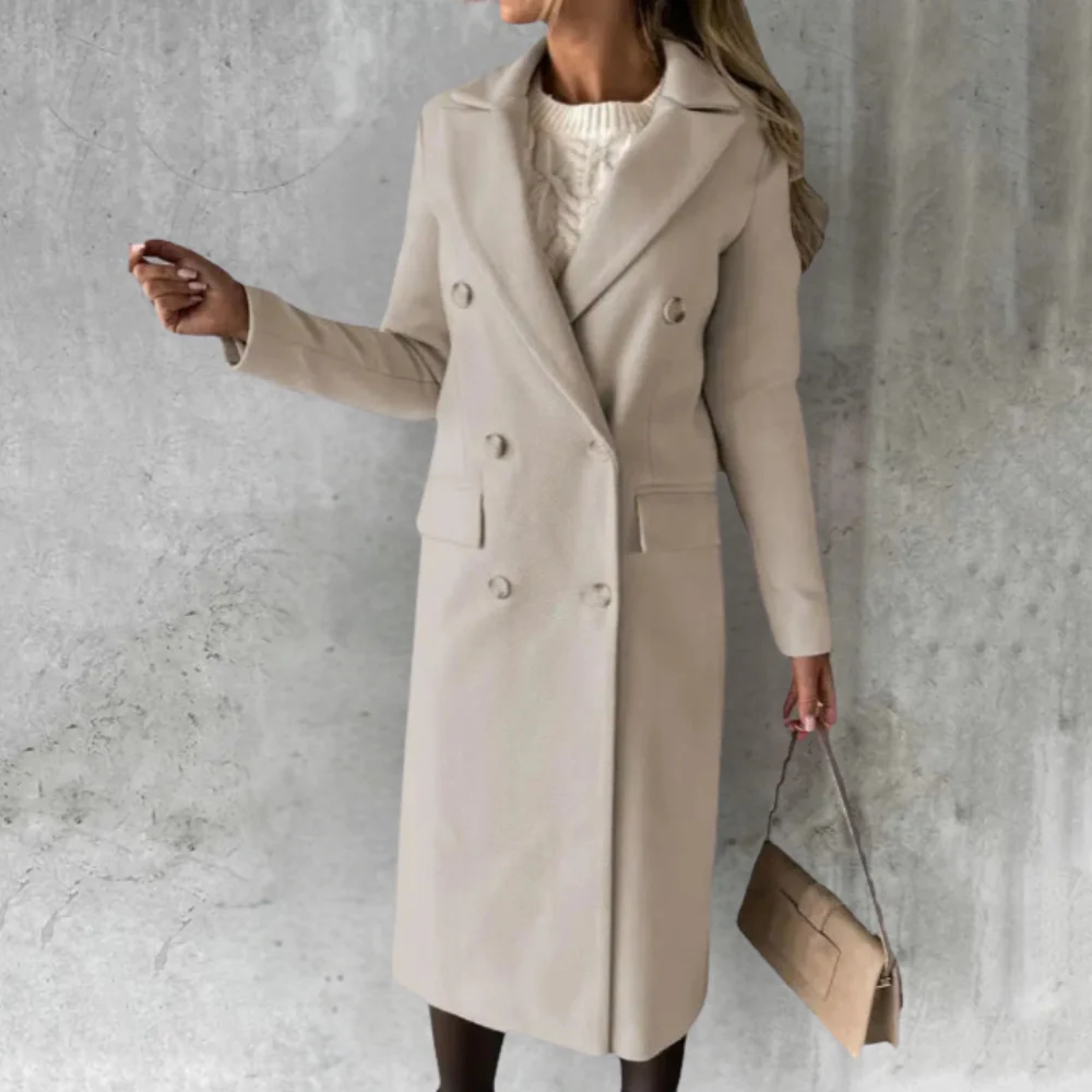 Women’s Long Trench Coat with Button Cuffs and Waist Tie