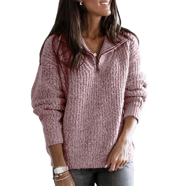 Women's Half Zip Jumper with Textured Knit and Stand Collar