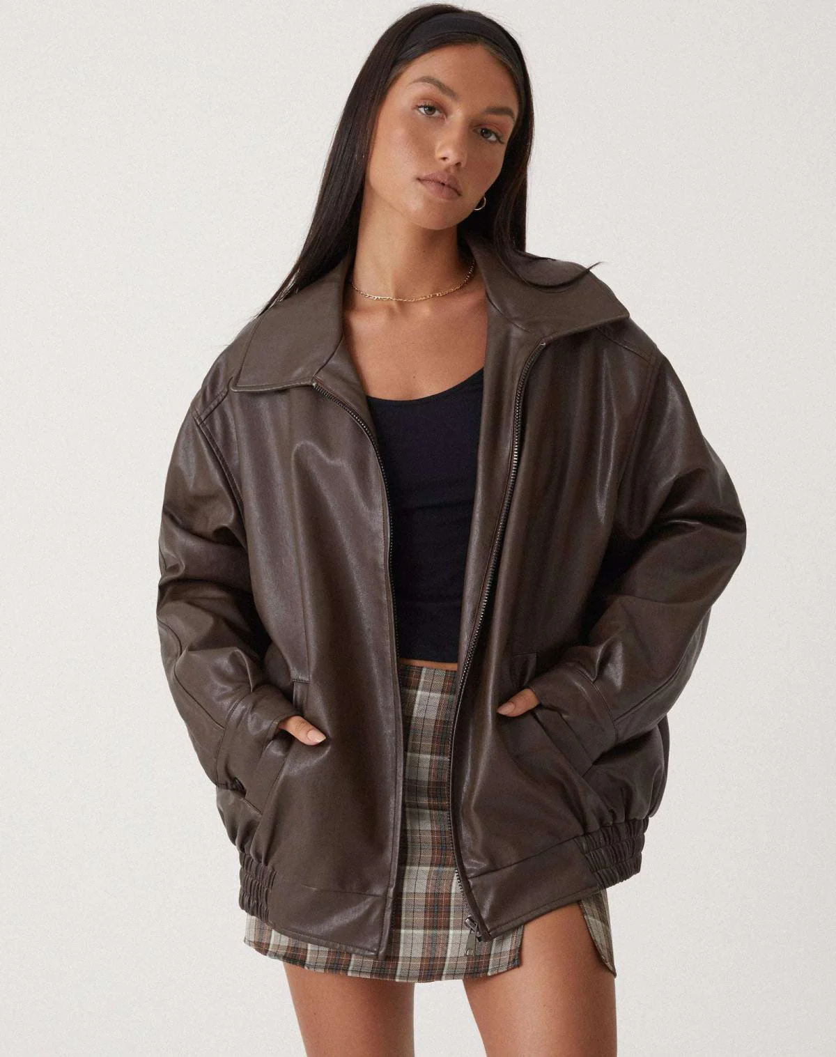 Women’s Zip-Up Biker Jacket with Relaxed Fit and Stand Collar