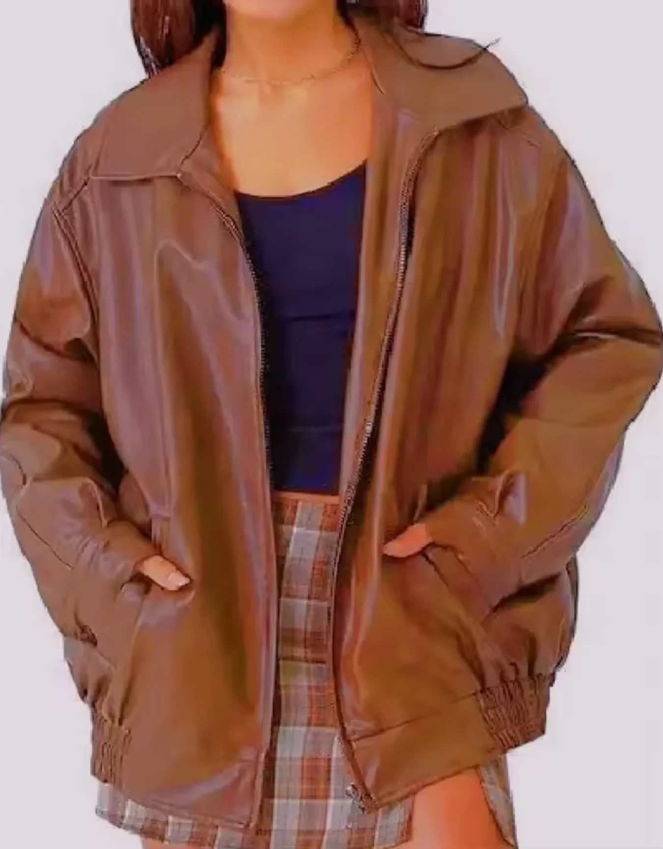 Women’s Zip-Up Biker Jacket with Relaxed Fit and Stand Collar