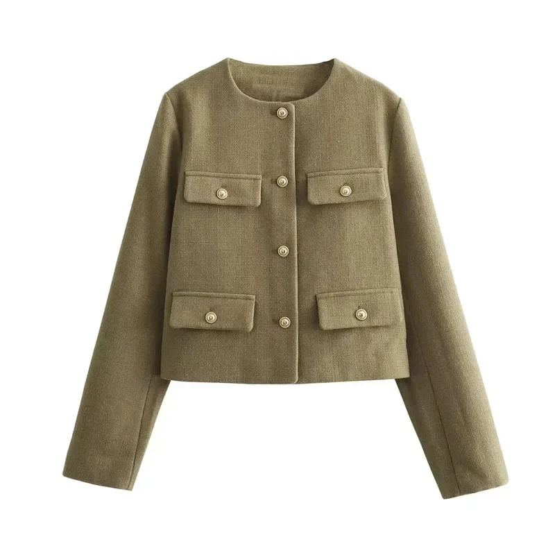 Women’s Cropped Bomber Jacket with Round Neck and Long Sleeves