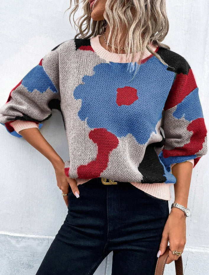 Women’s Patterned Knit Jumper with Round Neck and Balloon Sleeves