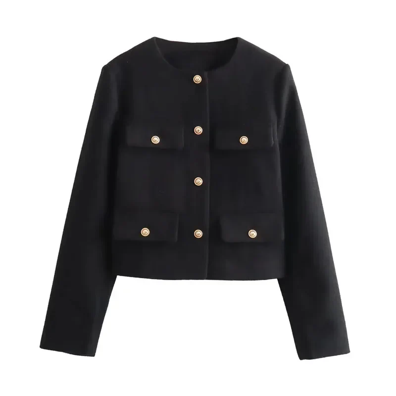 Women’s Cropped Bomber Jacket with Round Neck and Long Sleeves