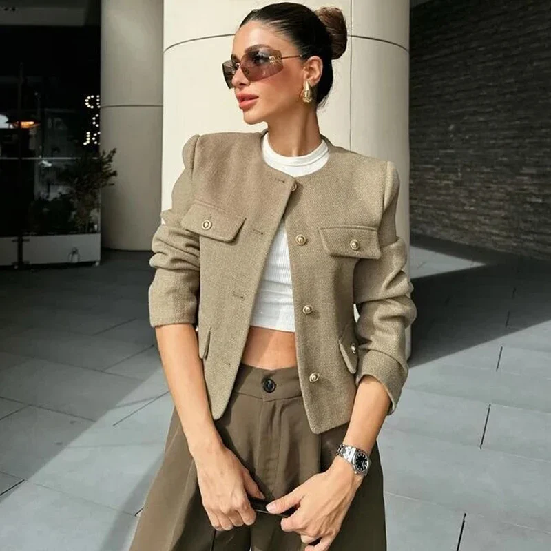 Women’s Cropped Bomber Jacket with Round Neck and Long Sleeves