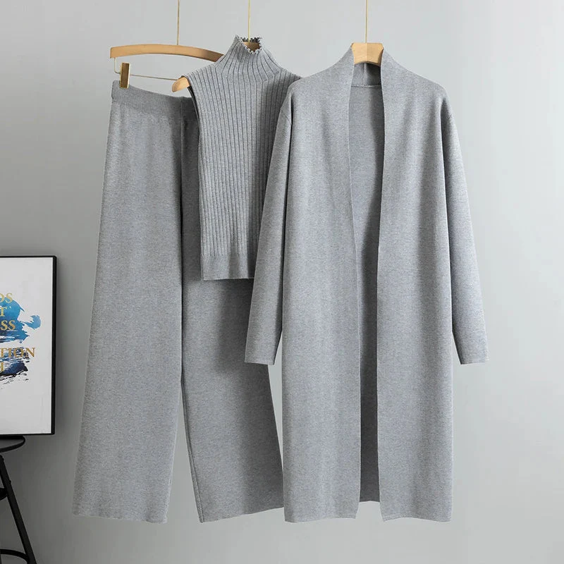 Women’s 3-Piece Loungewear Set with Long Cardigan and Ribbed Top