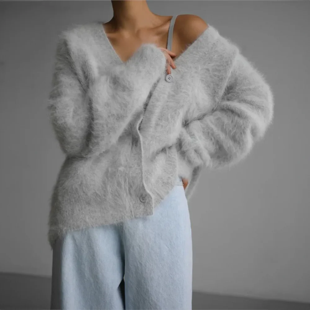Button Front Fluffy Cardigan for Women