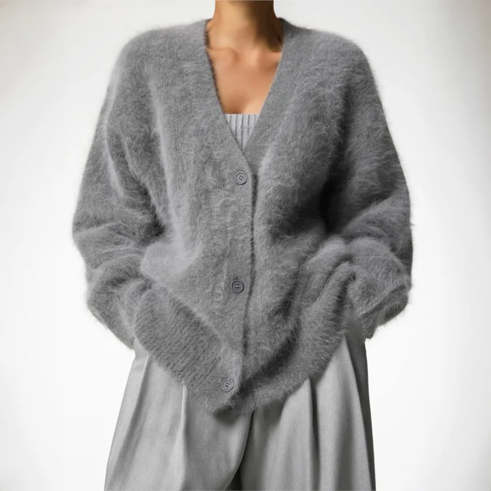 Button Front Fluffy Cardigan for Women