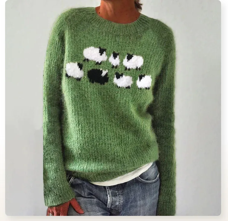 Sheep Pattern Crew Neck Sweater for Women