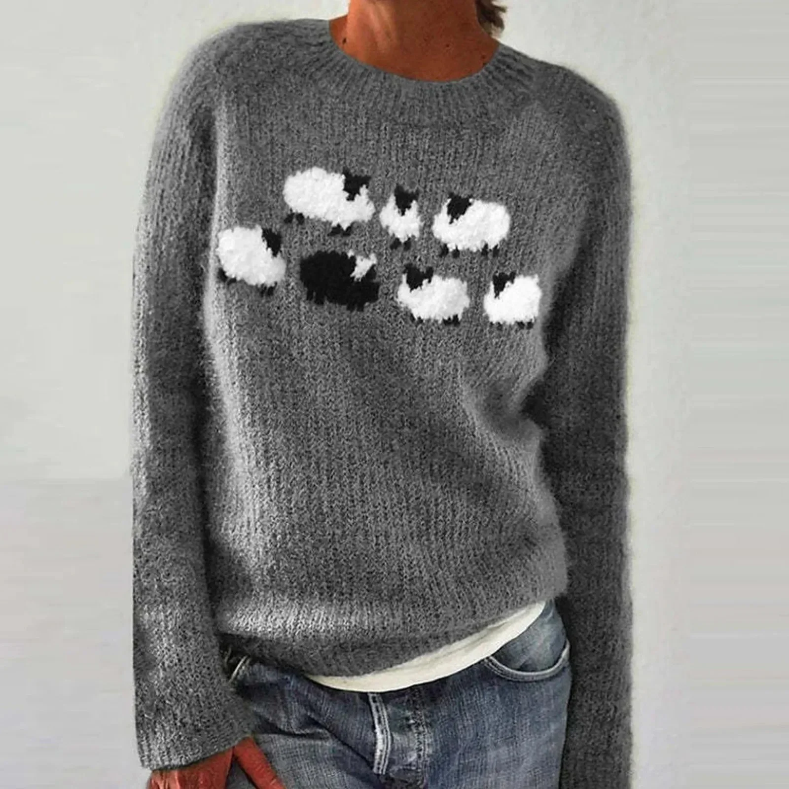 Sheep Pattern Crew Neck Sweater for Women
