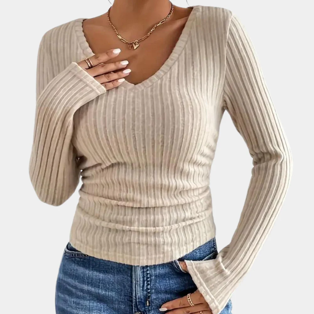 Women's Ribbed Slim-Fit Long Sleeve Top with V-Neck