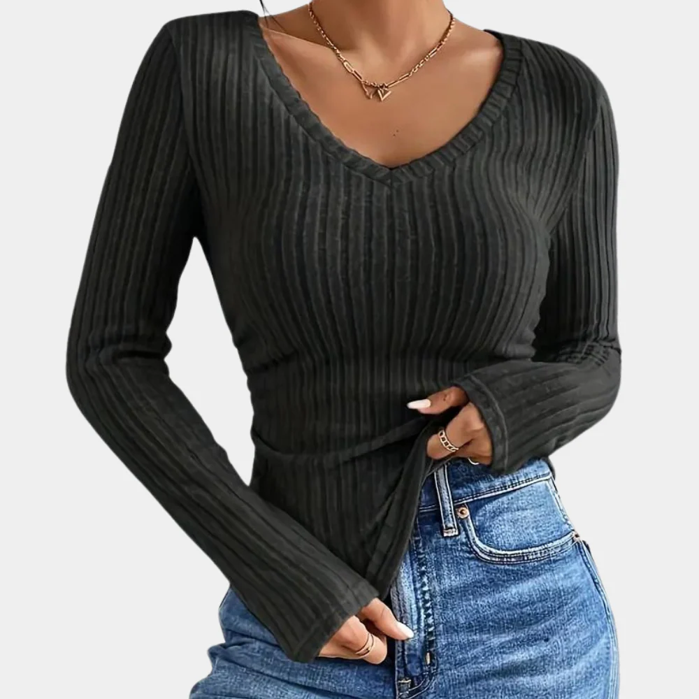 Women's Ribbed Slim-Fit Long Sleeve Top with V-Neck