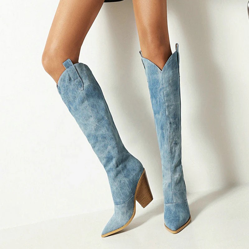 Women's Blue Knee-High Boots with Block Heel