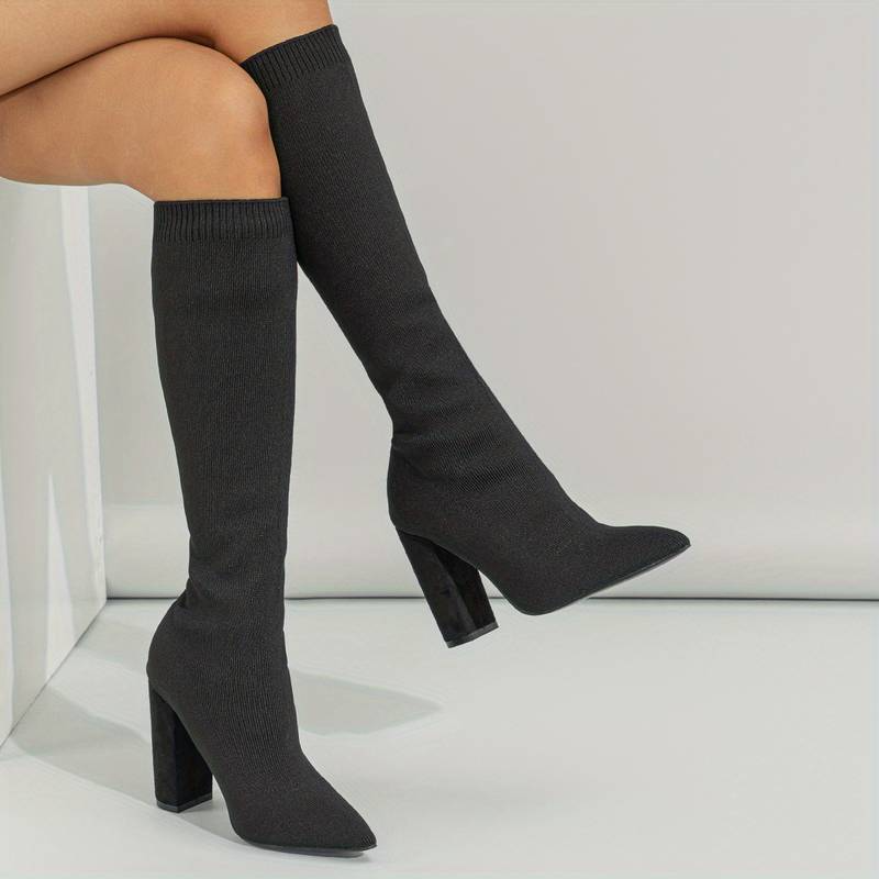 Women's Sock-Fit Knee-High Boots with High Block Heel